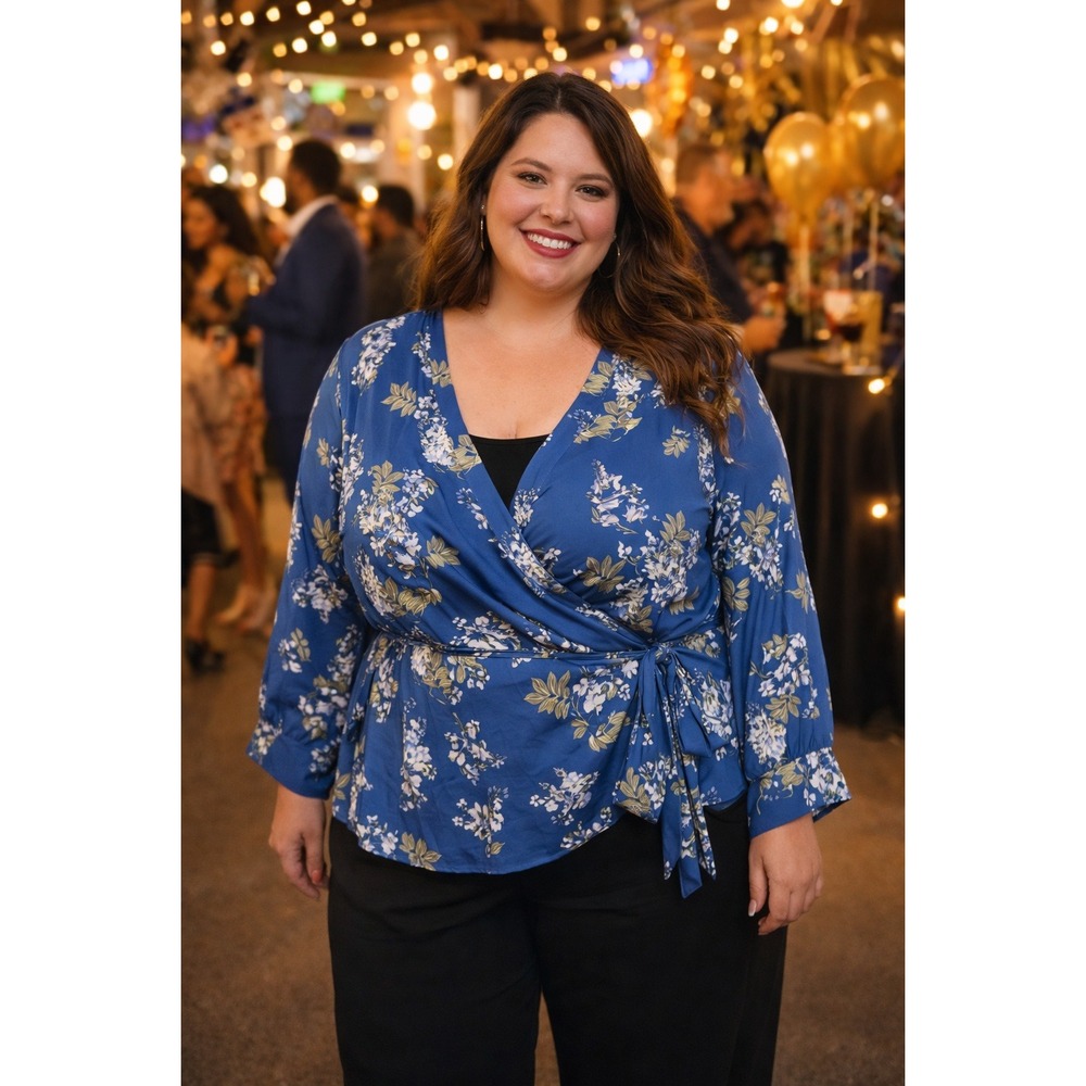 Vince Camuto Cobalt Blue Floral Wrap‎ Blouse Cottage Party Wedding Guest Size 3X